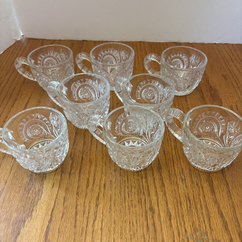 Vintage LE Smith Clear Punch Bowl Cups Aztec Pinwheel Stars Set Of 8 EUC